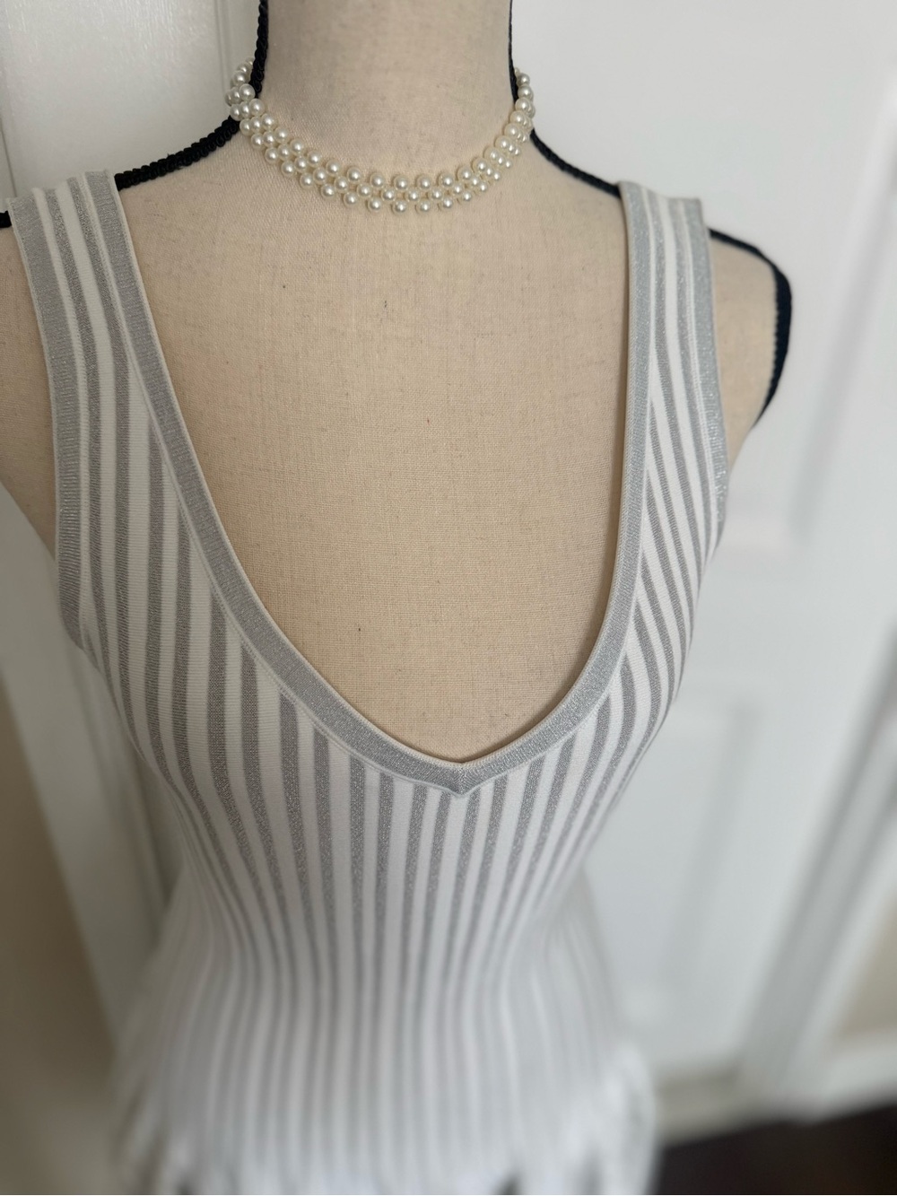 Alaia White and silver Striped V-Neck Knit Dress - Picture 5 of 7